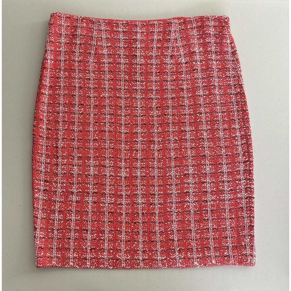 St. John Tweed Knit Pencil Skirt 14 Red Wool Cashmere Apple Multi K7100K2 NWT